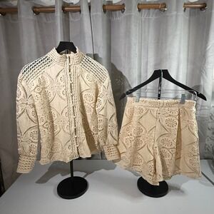 Women's Vintage Style Cream Lace Jacket & Shorts Set Size Small